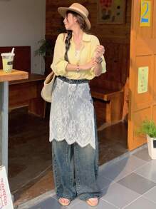 DAZY Washed Loose Wide Leg Contrast Lace Skirt With Denim Look Pants, All Seasons Women Jeans - Light Wash - View 5