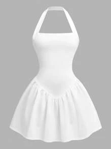Girlism 少女白色针织细肩带喇叭裙，适合情人节、派对，迷你长度 - 白色 - 查看 5