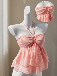 Elamini 粉色甜美海滩度假风格褶皱抹胸领口荷叶边下摆上衣，适合春夏季 - 粉色 - 查看 1