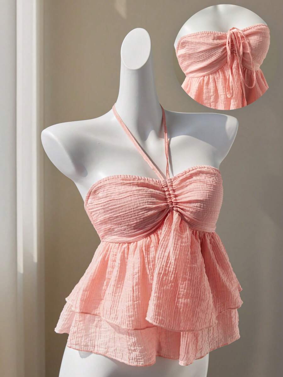 Elamini 粉色甜美海滩度假风格褶皱抹胸领口荷叶边下摆上衣，适合春夏季 - 粉色 - 查看 1