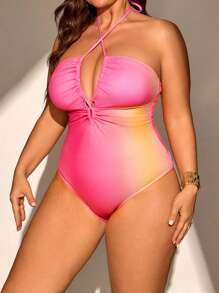 SHEIN Swim Curve Plus Size Women Random Print Halter Hollow Out One Piece Swimsuit For Summer Beach Vacation