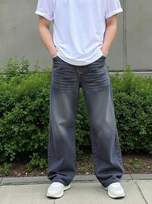 Teen Boy Light Blue Washed Classic Simple Versatile Wide Leg Jeans, Loose & Comfortable - Medium Wash - View 1