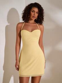 Opulessa Solid-Color Knitted Mesh Halter Mini Dress - Yellow - View 4
