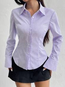 Flirla Women's Long Sleeve Single Button Casual Fitted Striped Shirt Fall Cloth For Women - Purple - View 6