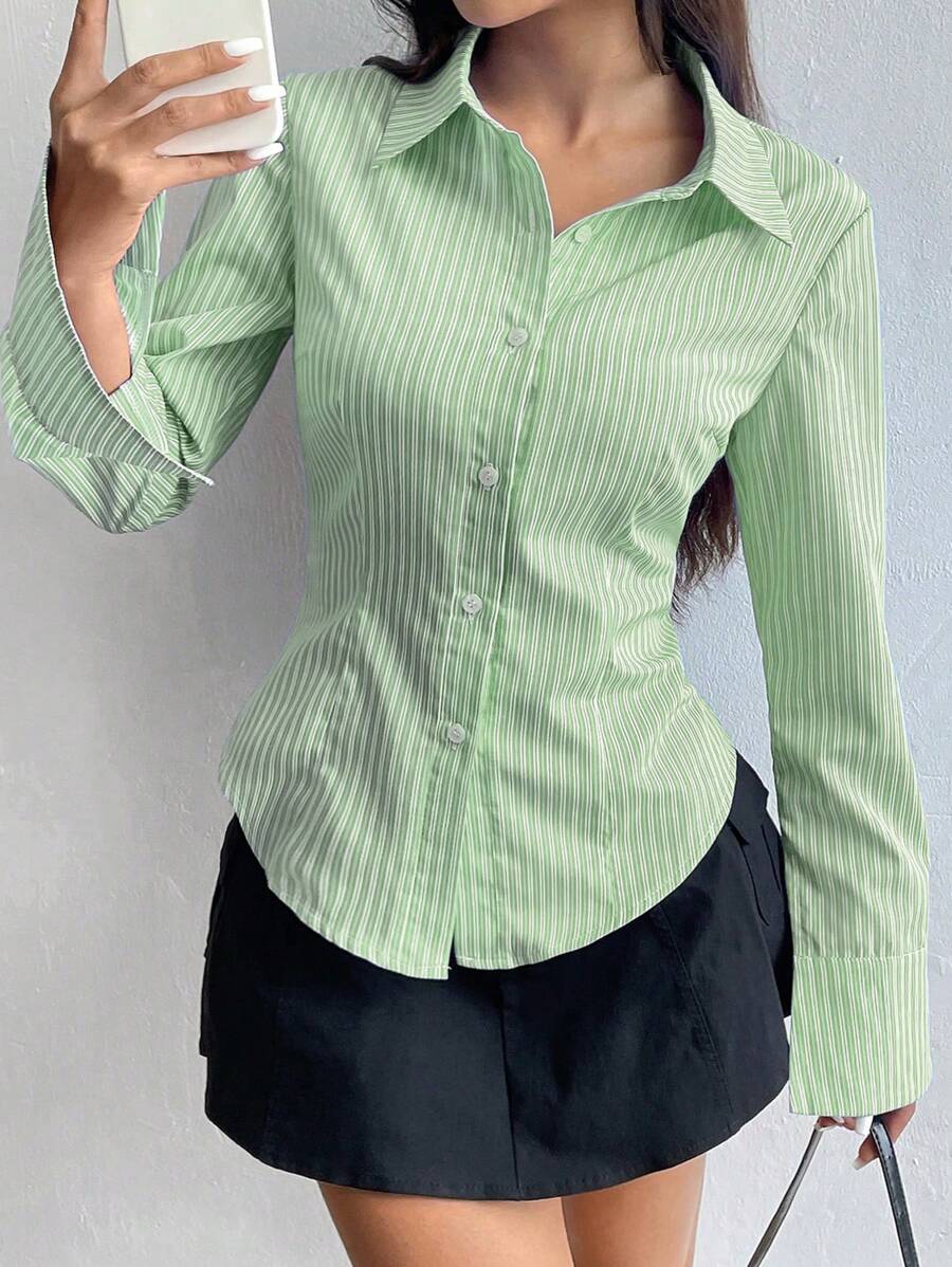 Flirla 女式长袖单排扣休闲修身条纹衬衫 - 綠色 - 查看 1
