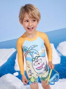 SEALOOK X SHEIN Young Boy Colorblock Cartoon Pattern One-Piece Long Sleeve Swimsuit - Multicolor - View 1