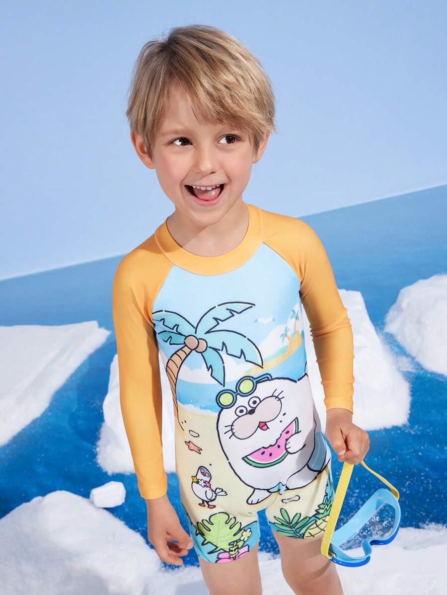 SEALOOK X SHEIN Young Boy Colorblock Cartoon Pattern One-Piece Long Sleeve Swimsuit - Multicolor - View 1