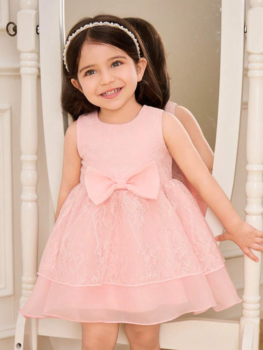 SHEIN Glamorique Kids 女婴花朵伴娘礼服,婚礼,蝴蝶结,花童,优雅粉色蕾丝连衣裙,女婴夏装,生日派对,适合正式场合, - 粉色 - 查看 1