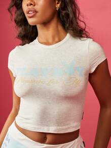 Missguided x Playboy Baby Crop T-Shirt, Freizeitshirt, Sommer Mode Lässig Sport Kurzarm, moderner Teenager Stil, bedrucktes Top aus Jersey-Baumwolle - Hellgrau - Übersicht 6