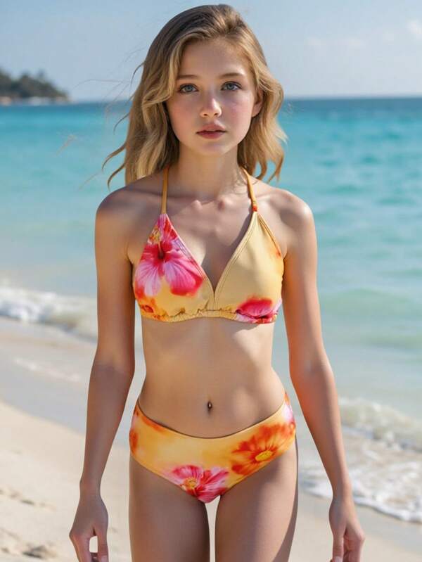 Set bikini tricotat cu imprimeu floral hibiscus drăguț pentru fete preadolescente, costum de baie elegant, casual, la modă, pentru înot, vacanță, vară