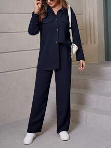SHEIN Unity 2pcs Women's Solid Color Long Sleeve Button-Up Shirt And Pants Set Fall Cloth For Women - Navy Blue - View 3