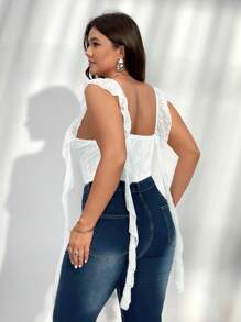 Firerie 大码女式夏季优雅荷叶边系带 Frency Vcay 褶皱白色花卉透明紧身衣，适合派对、度假、音乐节 - 白色 - 查看 2