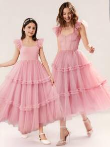 Pitira Pitira Tween Girl Elegant Pink Mesh Ruffle Hem Summer Dress - Pink - View 9