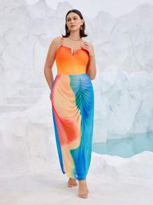 SHEIN Swim Curve 2pcs/Set Plus Size Women Fashion Ombre Bikini Set With Casual Vacation Mid-Length Skirt For Summer - Multicolor - View 1