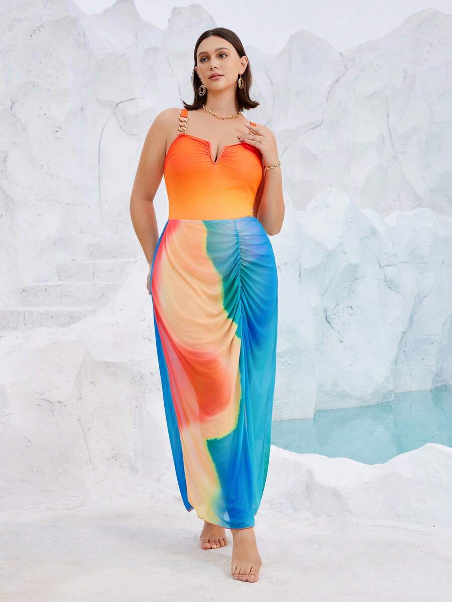 SHEIN Swim Curve 2pcs/Set Plus Size Women Fashion Ombre Bikini Set With Casual Vacation Mid-Length Skirt For Summer - Multicolor - View 1