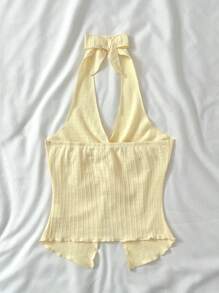 SHEIN Teen Girls Vacation, Summer, Stylish Halter Tie Knot Hem Slit Open Back Camisole Tank Top, Vacation Mini Halter Polka Dot Bubble Sleeve A-Line Side Slit Camisole, Pastel Yellow, Color, Valentine's Resort Style Mustard Black Textured Tube Top With Front Twist, Frill Trim Fitted Blouse. Suitable For Afternoon Tea, Streetwear, Vacation, Layering Or Party Wear, Autumn/Winter/Cute/Vacation
