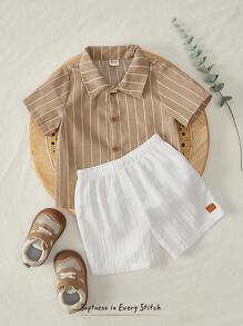 Cozy Pixies Baby Boy Vertical Striped Lapel Short Sleeve Cardigan And Solid Elastic Waist Shorts 2 Pieces Set - Khaki - View 3