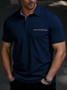 Manfinity Homme 大码男士休闲格子拼布 Polo 衫，夏季男士 Polo 衫，男士棉质 Polo 衫，适合情侣穿着，是送给男朋友或丈夫的绝佳礼物。 - 藍色 - 查看 1