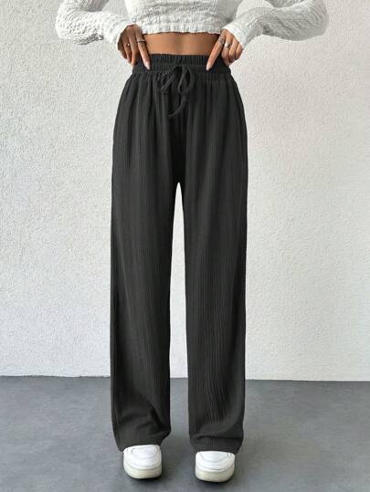 EURMUSE Petite Size Women Solid Color Casual Elastic Waist Drawstring H-Shape Wide Leg Design Pants