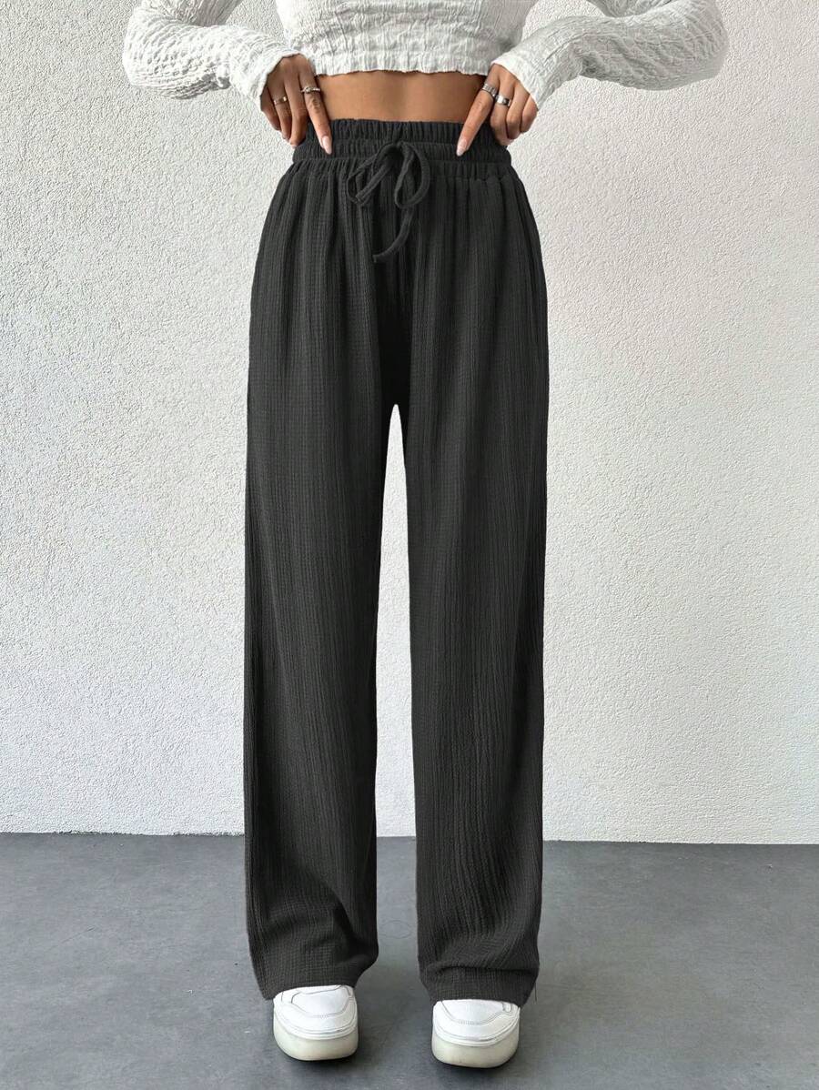 SHEIN Tall Tall Size Women Solid Color Casual Elastic Waist Drawstring H-Shape Wide Leg Design Pants - Dark Grey - View 1