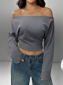 SHEIN EZwear 大码纯色简约露肩运动衫，日常穿着 - 灰色 - 查看 1
