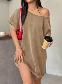 SHEIN EZwear 复古破洞不对称领口宽松T恤连衣裙，西部音乐节风格，夏季 - 卡其色 - 查看 6