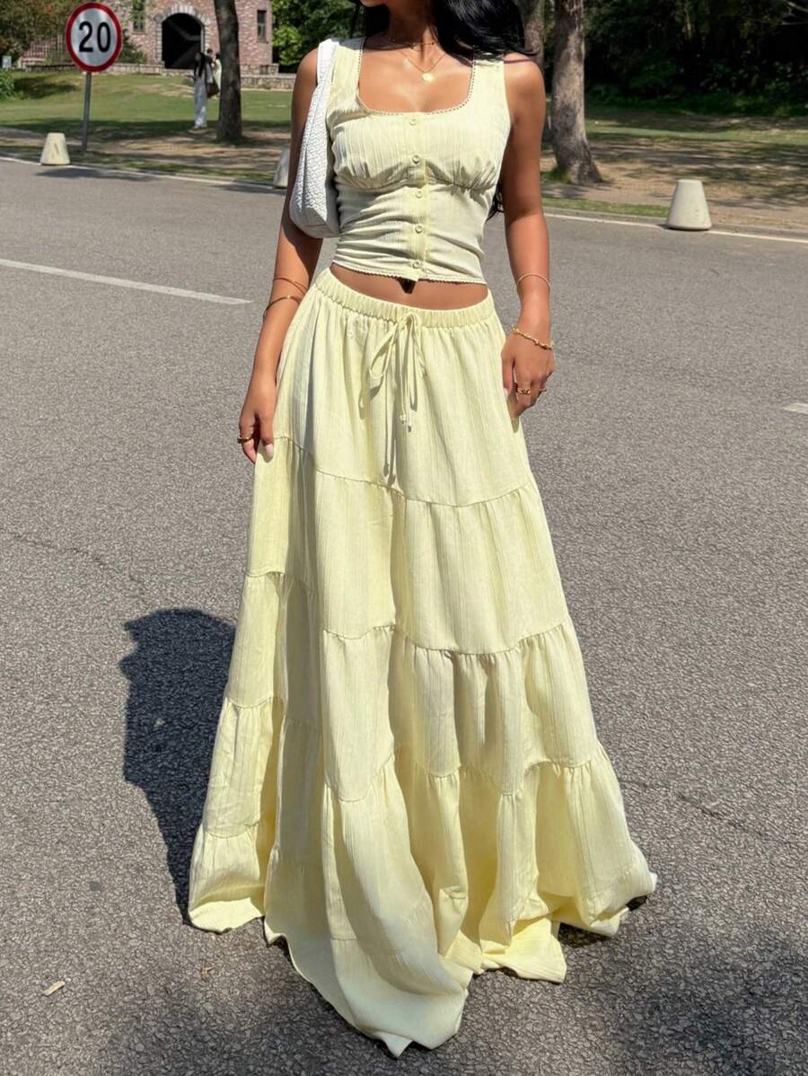 Muchica 女士黄色度假两件套服装，适合日常穿着，夏季波西米亚风格度假服装 - 黃色 - 查看 1