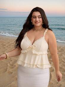 SHEIN MOD 杏色浪漫可爱乡村风吊带上衣，荷叶边装饰，荷叶边，度假，野餐，约会，波西米亚风 - 杏色 - 查看 1