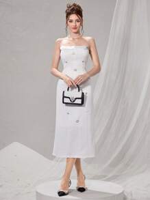 Poshira Plus Size Rhinestoned Ball Gown Dress - White - View 2