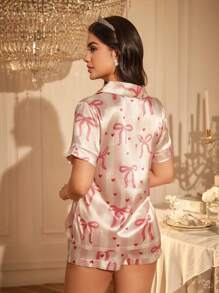 LuxeNights 2 件女式蝴蝶结印花口袋短袖上衣和短裤睡衣套装，春夏 - 彩色 - 查看 2