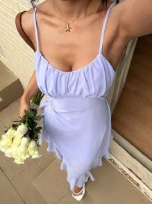 Sunnyshic 蓝色下摆开衩荷叶边系腰连衣裙 - 藍色 - 查看 1