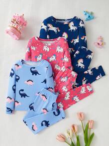 3pcs Set Young Girl Cartoon Print Snug Fit Crew Neck Long Sleeve Top And Pants Pajamas Set