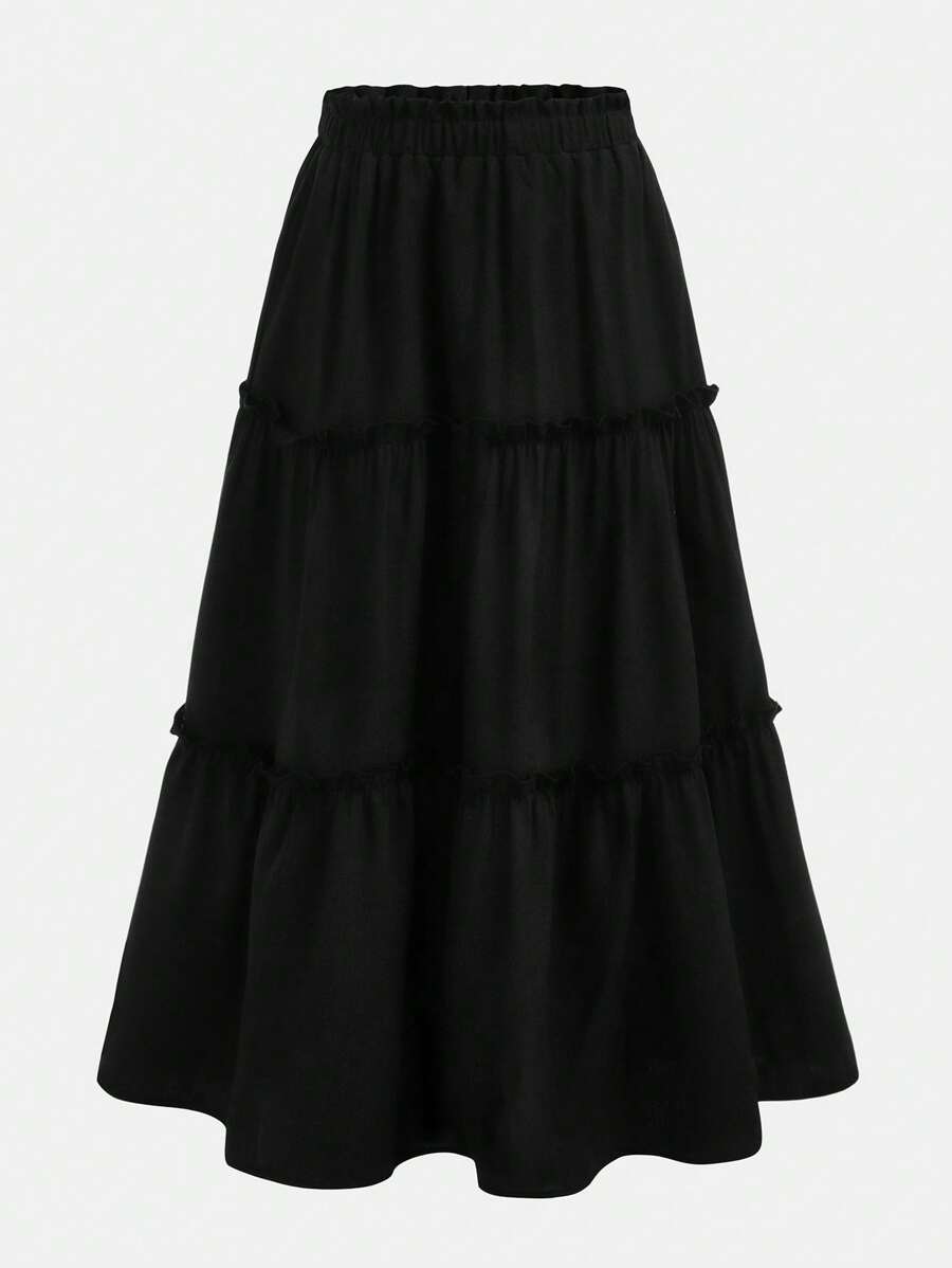 Girlism Teen Girl Black,Ruffle Skirt Boho Long Skirt Break Paperbag Waist Frill Trim Ruffle Hem Skirt
