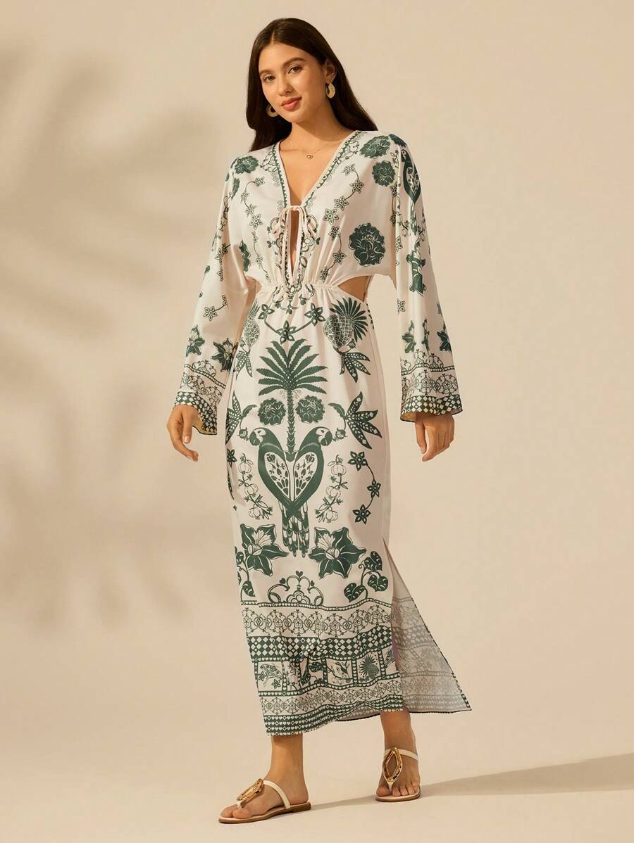 CAJUNI Women's Bohemian Vintage Tropical Green Plant Print Hollow-Out Waist & Back Long Sleeve Dress, Casual & Holiday Style
