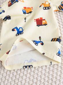 Cozy Pixies Pijama 2 Peças Ajustado, Top de Manga Longa Gola Redonda Macia com Estampa de Carro de Desenho Animado para Menino Bebê e Calça Longa Cintura Elástica com Ajuste Slim