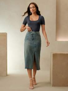 Anewsta 女士方领针织纯色水洗T恤无缝紧身衣 - 灰色 - 查看 4