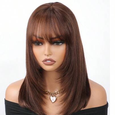 Tóc giả Bob thẳng nhiều lớp không keo Tóc giả Bob có mái Tóc thật 4x4 cắt sẵn Ren không keo Tóc giả Bob lụa Mặc và đi Tóc giả Bob ngắn thoáng khí 4# Tóc giả Bob màu nâu sô cô la 10-14 inch