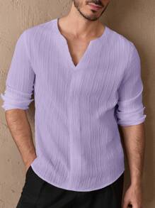 GENTILAND Men's Casual Woven Notched Solid Color Long Sleeve Purple Shirt