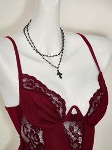 SHEIN ICON Y2K 春季嘉年华蕾丝拼布短款吊带背心上衣高腰露背女式吊带背心 - 酒紅色 - 查看 9