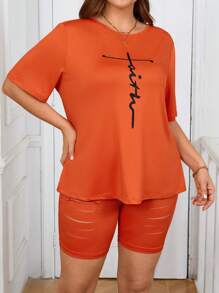 2pcs/Set Plus Size Women Summer Casual Letter Print T-Shirt And Shorts Set - Burnt Orange - View 5