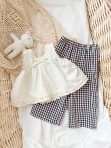 SHEIN Babygirl Summer Cute & Elegant Versatile Beige Sleeveless Loose Top & Plaid Wide-Leg Pants Set - Apricot - View 4