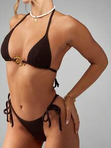 MISSGUIDED Crinkle Textured Triangle Bikini Set With Gold Spiral Center Detail Beach Swimming Pool Summer Two Piece Swimsuit High Cut Brazilian Bottom - Brown - View 4