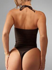 MISSGUIDED Summer Beach Monokini One Piece Swimsuit Cut Out Halter Neck High Rise Design Metal Ring Detail Ruched Coverage Elegant Bathing Suit - Coffee Brown - View 2