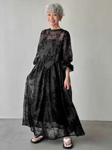 FRIFUL Women's Relaxed Fit Round Neck Midi Dress With Full Floral Print, Comfortable Casual Holiday/Music Festival Outfit Women Casual Dress Women Dresses Birthday Women Plus Black Dress Work Fall Dresses Women Plus Sun Dress Long Sleeve Dress