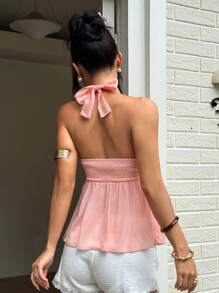 SHEIN PETITE Parte superior de tirante con volantes, bajo con volantes y nudo en el cuello de tela con textura de pliegues. Elegante, romántico y lindo atuendo casual para mujeres de talla pequeña, apropiado para la playa y las vacaciones