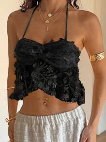 Flirla Top con cuello halter y decoración de flores 3D para mujer - Negro - Ver 4