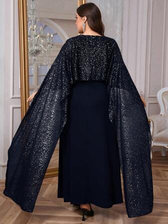 SHEIN Privé 大码女式优雅浪漫时尚性感风格黑色长款紧身连衣裙，适合派对、度假、返校、办公室、闪亮斗篷