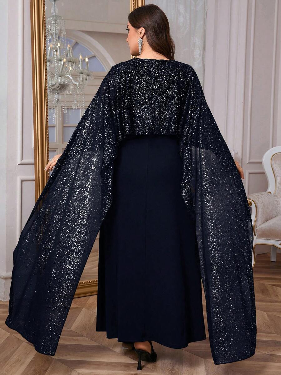 SHEIN Privé 大码女式优雅浪漫时尚性感风格黑色长款紧身连衣裙，适合派对、度假、返校、办公室、闪亮斗篷 - 藏蓝色 - 查看 1