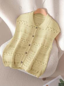 CosyJoli Blusa de punto de unicolor con diseño calado para talla grande de verano - Amarillo - Ver 3