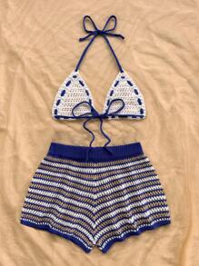 Soleia 休闲度假、海滩、婚礼宾客、毕业早午餐、女士圣帕特里克节春假、复活节音乐节服装、优雅波西米亚热带蓝条纹针织两件套、春夏 - 彩色 - 查看 2